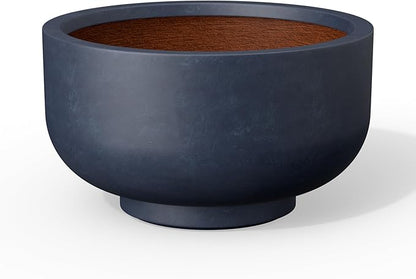 Kante 13.8 Inch Dia Concrete Bowl Planter, Large Tapered Bottom Plant Pot with Drainage, Smooth Charcoal Finish with Warm Brown Interior, Ideal for Porch, Home, Garden, Patio