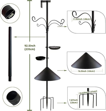 Bird Feeder Pole - 92 Inch Heavy Duty Birdhouse Stand with Squirrel Proof Baffle for Outdoor, Adjustable Bird Feeding Station with Multi Shepherds Hooks Mental Trays for Garden Attracting Wild Birds
