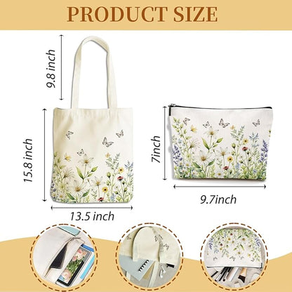 Flower Plant Lover Gifts for Women Canvas Tote Bag with Makeup Bag Cosmetic Bags Grocery Bags for Shopping Christmas