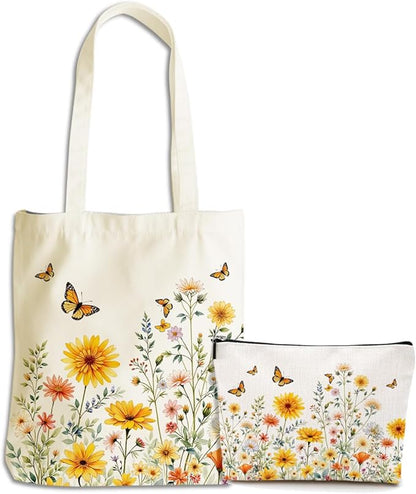 Flower Plant Lover Gifts for Women Canvas Tote Bag with Makeup Bag Cosmetic Bags Grocery Bags for Shopping Christmas
