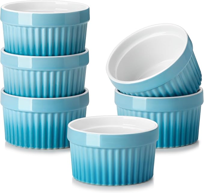 MALACASA Ramekins 4 oz Oven Safe, Small Ceramic Souffle Dishes for Creme Brulee Souffle, Stoneware Custard Cups Ramiken for Baking, Baking Bowls Dipping Sauce Dish Set of 6, Blue, Series RAMEKIN-DISH