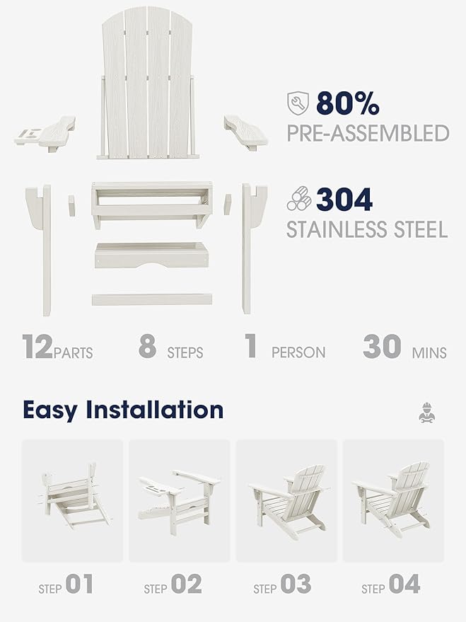 KINGYES Adjustable Folding Adirondack Chair with Footrest & 4-in-1 Multi-Functional Armrest Organizer Set of 4, HDPE Foldable Reclining Adirondack Chair with Pull-Out Ottoman, White