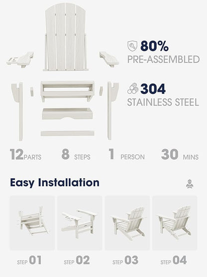 KINGYES Adjustable Folding Adirondack Chair with Footrest & 4-in-1 Multi-Functional Armrest Organizer Set of 4, HDPE Foldable Reclining Adirondack Chair with Pull-Out Ottoman, White