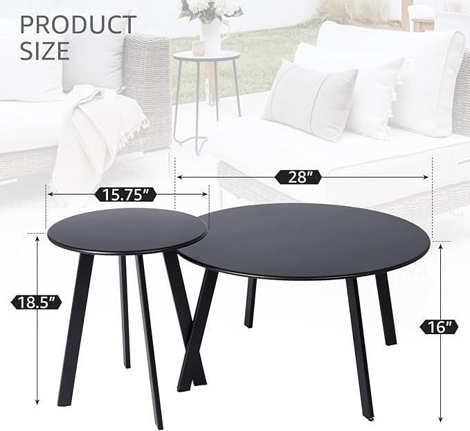 Meluvici Outdoor Patio Coffee Table Set of 2, Weather Resistant End Table, Round Nesting Tables for Living Room Balcony Office,Black