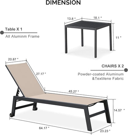 PURPLE LEAF Patio Chaise Lounge Set 4 Pieces Aluminum Outdoor Lounge Chairs with Wheels, Textilene Sunbathing Recliner, Beige