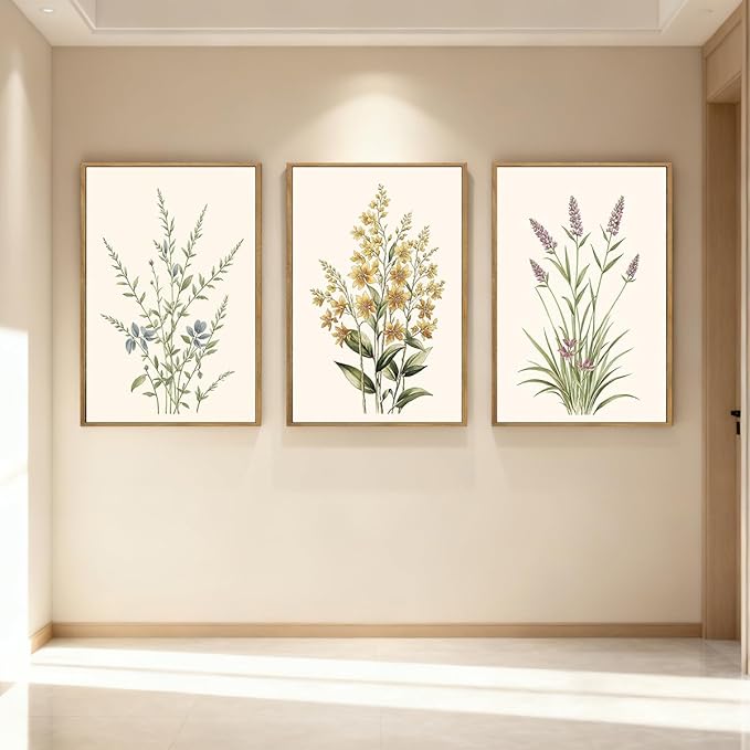 Anyzal Large Framed Botanical Wall Art 16x24 Inch Modern Floral Canvas Art Prints Neutral Beige Wildflower Wall Decor for Living Room Bedroom Dining Room Office Set of 3