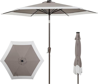 JONATHAN Y UMB1100C Spencer 9 ft. Classic Coastal 2-Tone Solar LED Market Patio Umbrella with 12 LED Strip Lights, Auto-Tilt, Crank Protection in Gray/White