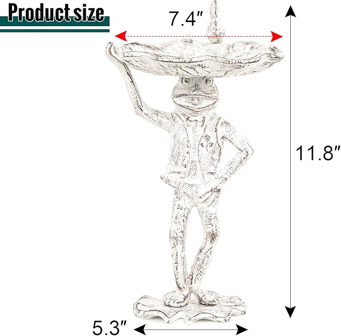 Sungmor Cast Iron Frog Bird Feeder, Garden Frog Statue Holding Leaf Outdoor Small Bird Bath Bowl, Indoor Candy Dish, Patio Tabletop Decoration