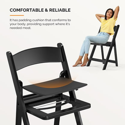 VINGLI Resin Folding Chairs with Cushion, Foldable Plastic Chair with Comfortable Padded Seats, Perfect for Event Party Indoor Outdoor, Black, 2 PC