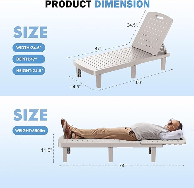 WACASA Outdoor Chaise Lounge Chairs Set of 2, Oversized Lounge Chairs with 5-Level Adjustable Backrest & Cup Holder, Resin Waterproof Pool Lounge Chair for Poolside, Patio, Beach, Yard, Gray