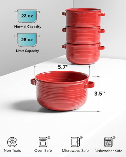 LE TAUCI Soup Bowls with Handles - 28 oz Lead-Free Ceramic French Onion Crocks, Oven and Microwave Safe, Heat-Resistant Design, Stackable, Dishwasher Safe, Set of 4, Red