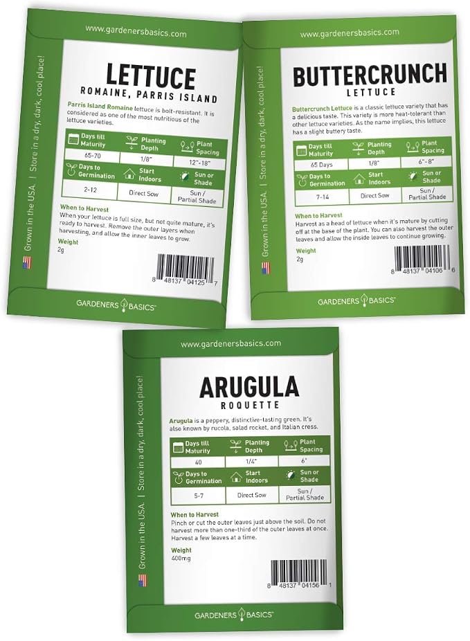 Gardeners Basics Lettuce and Greens Heirloom Vegetable Seed Non-GMO Seeds for Planting Indoors and Outdoor - Lettuce Buttercrunch, Romaine, Arugula, Kale and Spinach, Pack of 5