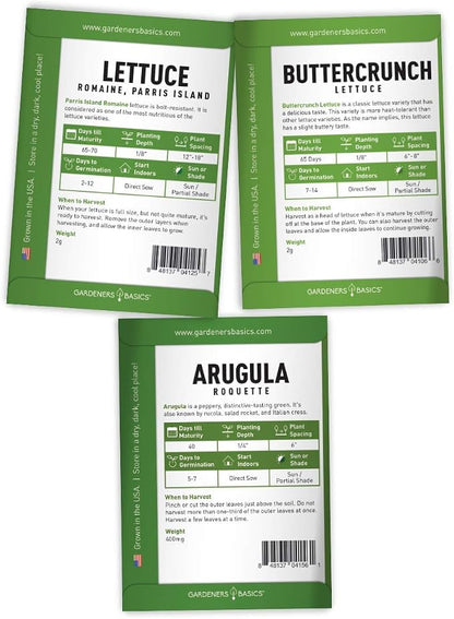 Gardeners Basics Lettuce and Greens Heirloom Vegetable Seed Non-GMO Seeds for Planting Indoors and Outdoor - Lettuce Buttercrunch, Romaine, Arugula, Kale and Spinach, Pack of 5