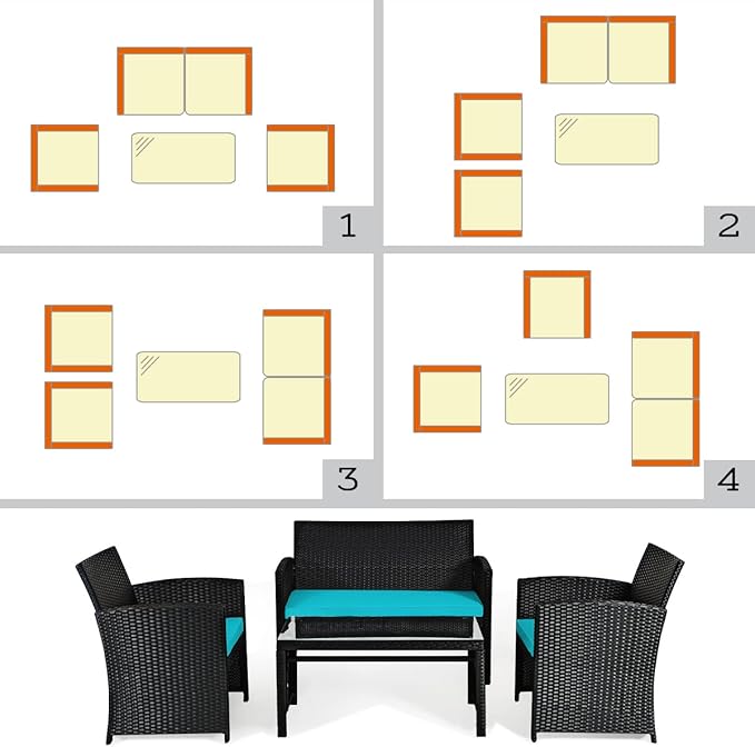 COSTWAY 4 Pieces Patio Rattan Furniture Set, Outdoor Wicker Conversation Set with Soft Cushions & Tempered Glass Coffee Table, Cushioned Chair Sofa for Backyard, Porch, Lawn, Garden, Turquoise