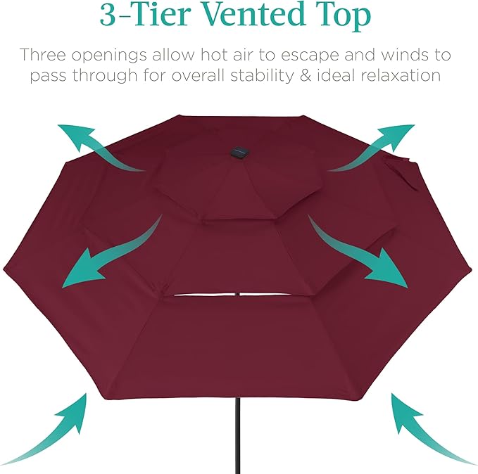 Best Choice Products 10ft 3-Tier Solar Patio Umbrella, Outdoor Market Sun Shade for Backyard, Deck, Poolside w/ 24 LED Lights, Tilt Adjustment, Easy Crank, 8 Ribs - Burgundy