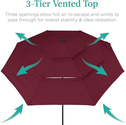 Best Choice Products 10ft 3-Tier Solar Patio Umbrella, Outdoor Market Sun Shade for Backyard, Deck, Poolside w/ 24 LED Lights, Tilt Adjustment, Easy Crank, 8 Ribs - Burgundy