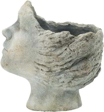 A&B Home Profile Head Cement Outdoor Planter, Unique Face Statue Vase Plant Pot, Gray Finish 9.5in Tall