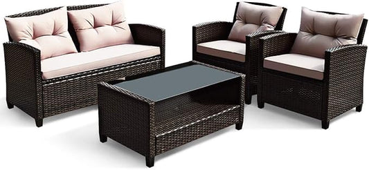 HAPPYGRILL 4-Piece Patio Conversation Set Rattan Wicker Chair Furniture Set with 1 Loveseat, 2 Single Sofas, 1 Coffee Table, Outdoor Indoor Furniture Sets for Backyard Porch Garden Poolside Balcony