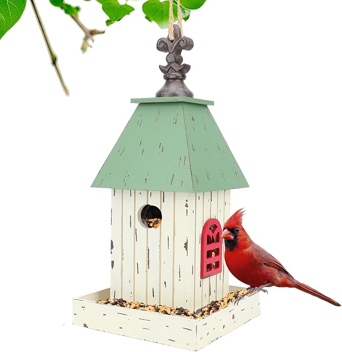 Yinns Village Wooden Cottage Bird House Feeder, Hanging Birdfeeder with Landing Trays,Wood Wild Bird House Feeder Garden Decor