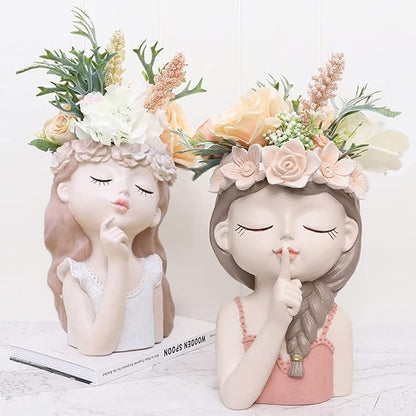 Adorable Large Girl face Planter Cute Big Succulent Pot with Drainage Hole Tall Lady Head Planter Resin Flower Pot Decorative vase for Plants