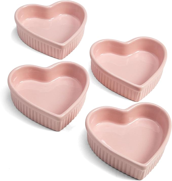Paris Hilton Heart Shaped Ramekin Set, Mini Ceramic Ramekins, Oven Safe Baking Dishes, Dishwasher Safe, Stoneware Made without PFOA, Pink, 4-Piece Set (Pack of 12)