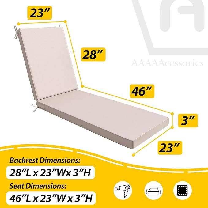 AAAAAcessories Outdoor Chaise Lounge Cushions, Waterproof, Fade-Resistant Patio Furniture Replacement Cushions, 74" x 23" x 3", Set of 2, Khaki Beige