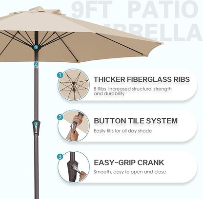 PatioKingdom 9FT Patio Outdoor Umbrella-UPF 50+ Sun Shade with Wind Vent, Push-Button Tilt & Smooth Crank Lift, Rust-Resistant Fiberglass Frame for Garden, Backyard,Yard (Beige, 9FT)