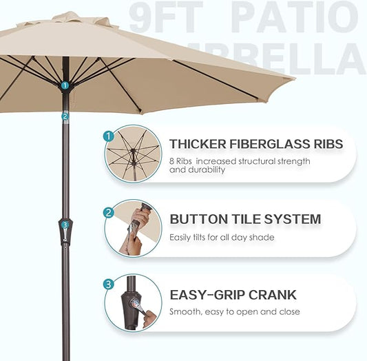 PatioKingdom 9FT Patio Outdoor Umbrella-UPF 50+ Sun Shade with Wind Vent, Push-Button Tilt & Smooth Crank Lift, Rust-Resistant Fiberglass Frame for Garden, Backyard,Yard (Beige, 9FT)