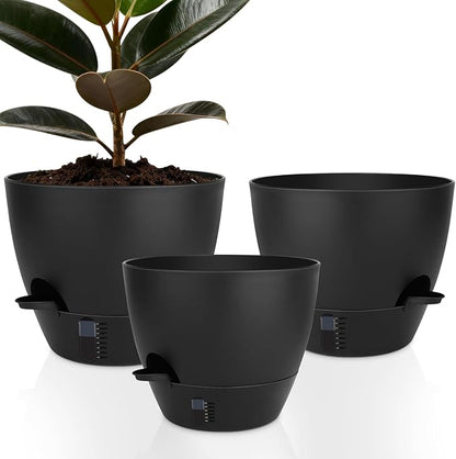 QRRICA 12/10/9 Inch Self-Watering Plant Pots with Water Level Indicator, Drainage Holes & Saucers – Large Plastic Planter Set for Indoor & Outdoor Plants (Pure Black)