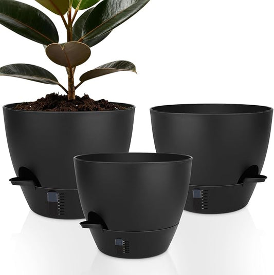 QRRICA 12/10/9 Inch Self-Watering Plant Pots with Water Level Indicator, Drainage Holes & Saucers – Large Plastic Planter Set for Indoor & Outdoor Plants (Pure Black)