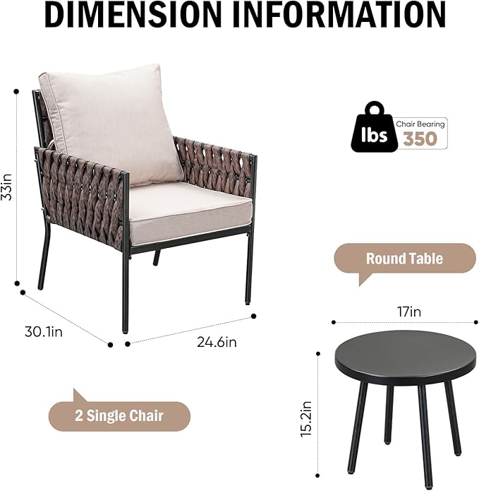 Patio Furniture Set, 3-Piece Wider Outdoor Metal Seating Sofa with High Back, Coffee Ta ble, All Weather Rattan Conversation for Garden,Backyard, Poolside-Beige