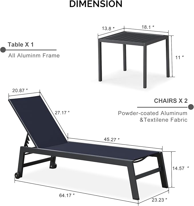 PURPLE LEAF Patio Chaise Lounge Set 2 Pieces Textilene Pool Lounge Chairs with Wheels Sunbathing Chair for Outdoor Yard (2 Navy Blue Lounges W/Side Table)