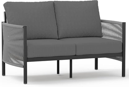 Aluminum Outdoor Patio Couch Loveseat, HDPE Rope Patio Sofa with Washable Thick Cushion, All-Weather Patio Furniture for Balcony, Yard, Gray Frame, Charcoal