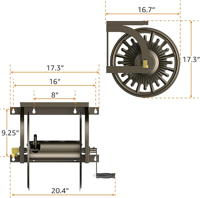 GOFORWILD Metal Decorative Wall Mount Hose Reel - Heavy Duty, Leak-Proof Connection, Holds 200ft x 5/8 Hose, Bronze Finish, Easy Assembly