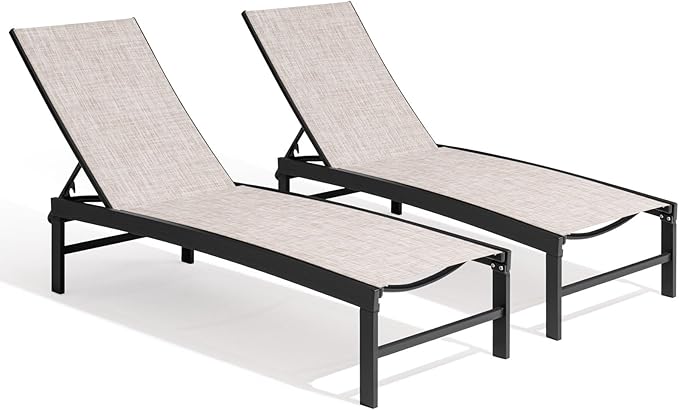 Crestlive Products Chaise Lounge Chair Outdoor Set of 2, Adjustable 5 Positions Pool Lounge Chairs, Metal Tanning Recliner, Outdoor Furniture All Weather for Patio, Beach, Yard, Pool