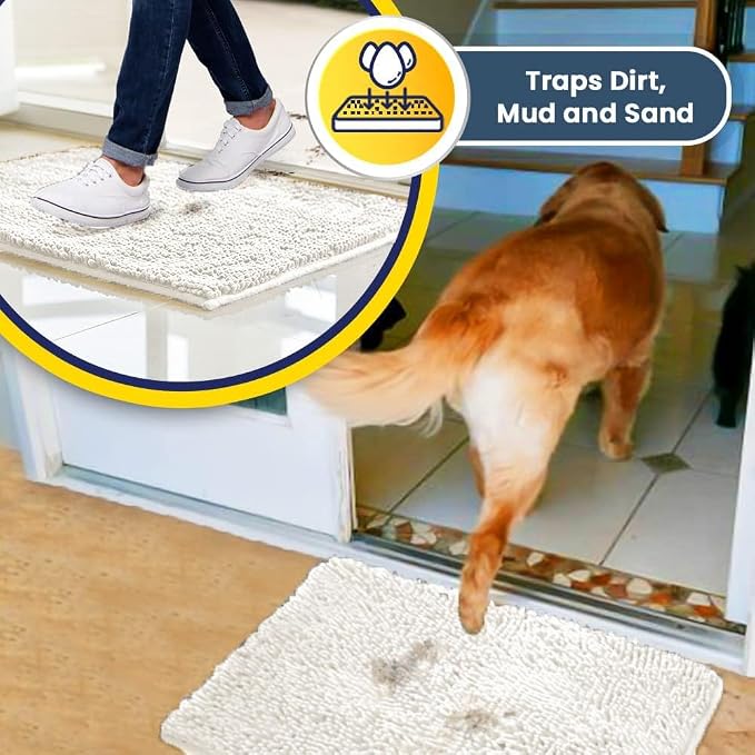 Muddy Mat® | Super Water Absorbent Door Mat Indoor, Microfiber Quick Dry Chenille Entryway Rug, Slip Resistant Front Door Mat, Indoor Mats for Entryway, Machine Washable Pet Rug, White 24" x 120"