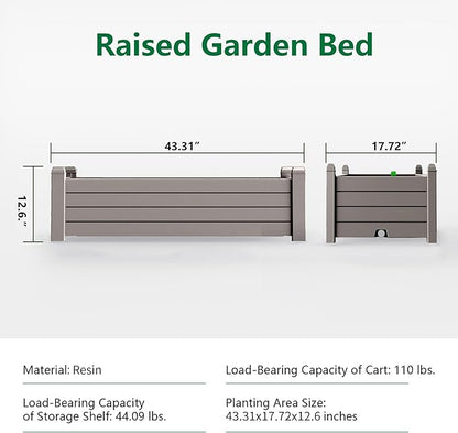 Vixzen Raised Garden Bed Outdoor,Resin Weatherproof Planter Box with Drain Hole and Water Level Detector,for Planting Plants Vegetables (Grey, 43.31"×17.72"×12.6")