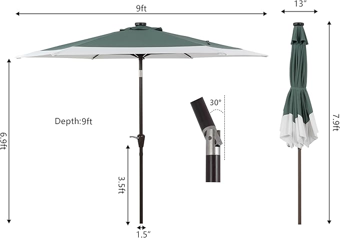 JONATHAN Y UMB1100E Spencer 9 ft. Classic Coastal 2-Tone Solar LED Market Patio Umbrella with 12 LED Strip Lights, Auto-Tilt, Crank Protection in Green/White