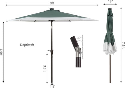 JONATHAN Y UMB1100E Spencer 9 ft. Classic Coastal 2-Tone Solar LED Market Patio Umbrella with 12 LED Strip Lights, Auto-Tilt, Crank Protection in Green/White