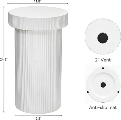 Side Table, 24" Pedestal End Table, 3-in-1 Durable Lightweight Round Coffee Table, Decorative Patio Accent Table Fluted Garden Stool Art Decor for Poolside, Balcony, Living Room,White