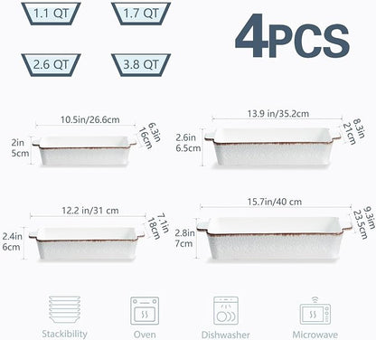 ONEMORE Casserole Dishes for Oven, Ceramic Baking Dish Set of 4, Non-Stick Lasagna Pans with Handles, Rectangular Bakeware Set for Cake, Roasting, Broiling, Gratin, Banquet, Microwave & Dishwasher Safe(3.8/2.6/1.7/1.1 Qt) (White 01)