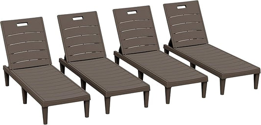 Greesum Outdoor Chaise Lounge Chairs Set of 4 with 5-Position Adjustable Backrest, Waterproof PP Sun Chaise Loungers for Garden Pool Beach Patio Deck Sunbathing, Brown