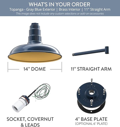 Steel Lighting Co. Topanga Barn Light | Outdoor Wall Mounted | 14 inch Dome | 11" Straight Arm | Farmhouse Garage Light Made in America | Gray Blue Exterior/Brass Interior