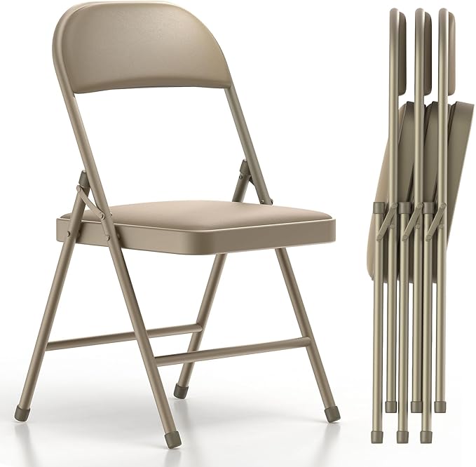 Nazhura 4 Pack Folding Chairs with Padded Vinyl Cushion Chairs with Comfortable Cushion and Durable Steel Frame for Home and Office, for Indoor and Outdoor Events (Kahki, Vinyl)