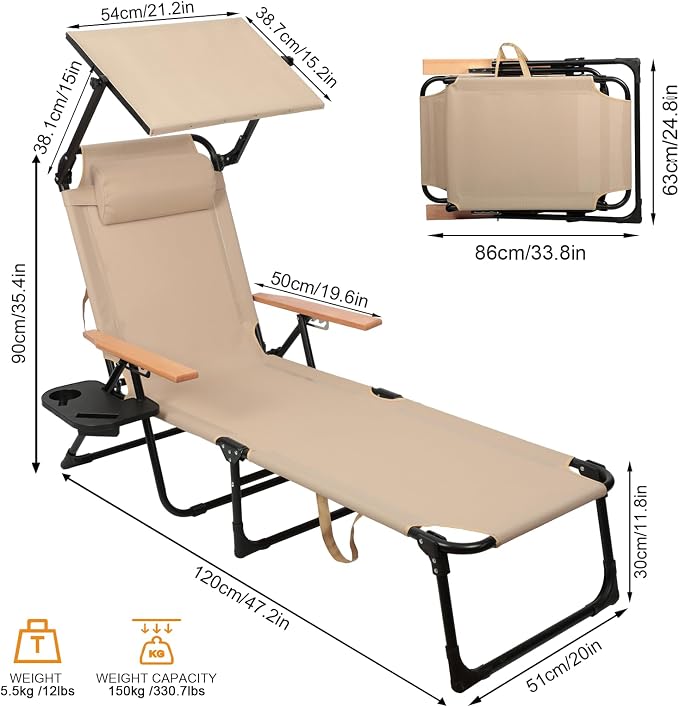 Foldable Chaise Lounge Chair Outdoor, 4-Position Reclining Outdoor Lounge Chairs with Wooden Armrest, Folding Sun Lounger with Removable Pillow for Garden Beach Patio Camp (Beige with Canopy)