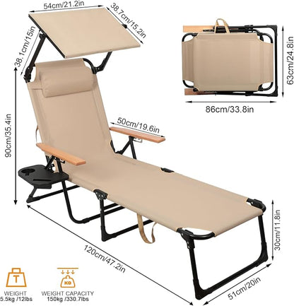 Foldable Chaise Lounge Chair Outdoor, 4-Position Reclining Outdoor Lounge Chairs with Wooden Armrest, Folding Sun Lounger with Removable Pillow for Garden Beach Patio Camp (Beige with Canopy)