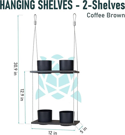 Urban Garden Decor with Pots Included, Hanging Planters for Indoor Outdoor Plants, Hanging Flowerpots, Wall Hanging Plant Holder Window Plant Shelves (Coffee Brown, Shelf 4 Pots)