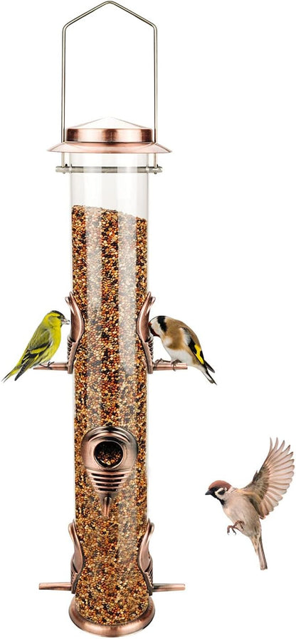 MIXXIDEA 1PK Metal Wild Bird Feeder,Squirrel Proof Bird Feeders for Outside,Hanging 6 Port Tube Bird Feeder,Finch Bird Feeder for Attracting Birds in Your Lawn, Garden, Balcony-Antique Copper