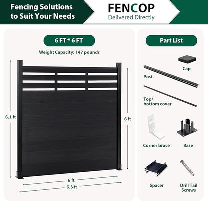 6×6Ft Outdoor Privacy Fence Panel, Decorative Garden Fence Panels, Windproof Wood Plastic Composite Fence for Outside, Yard Backyard and Swimming Pool （Black, 1 Post）
