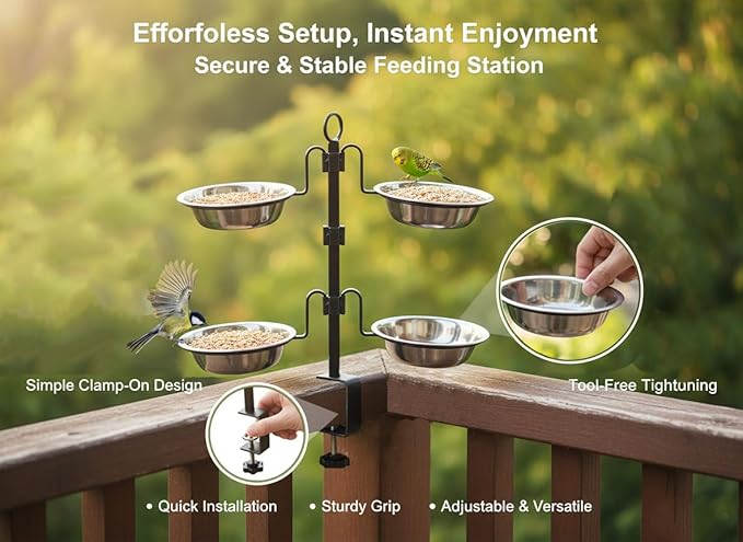 Deck Bird Feeder, 3-Tier Adjustable Railing Clamp-On Feeder with Four Stainless Steel Bowls for Balcony Patio Outdoor Use
